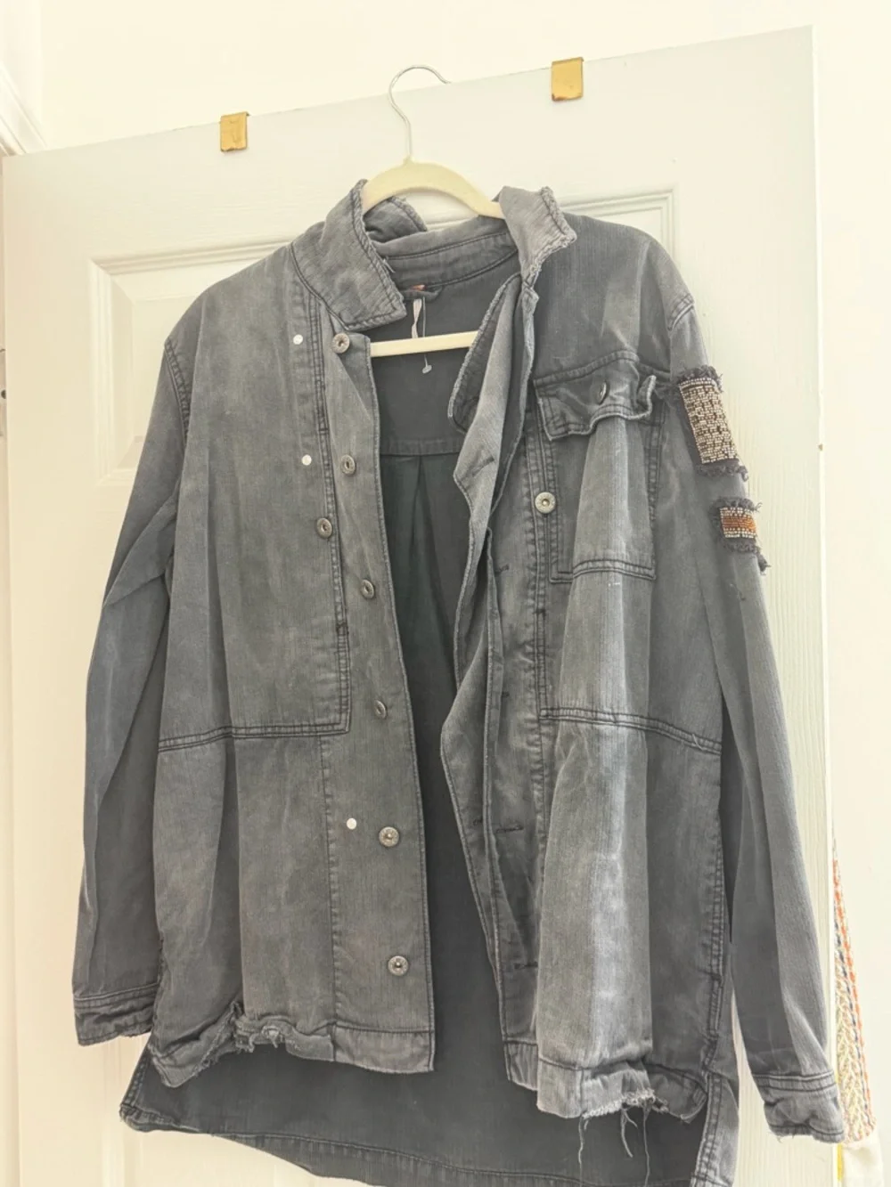 Free People Washed Black Denim Jacket with Gold Sequin Patches - Picture 3 of 4